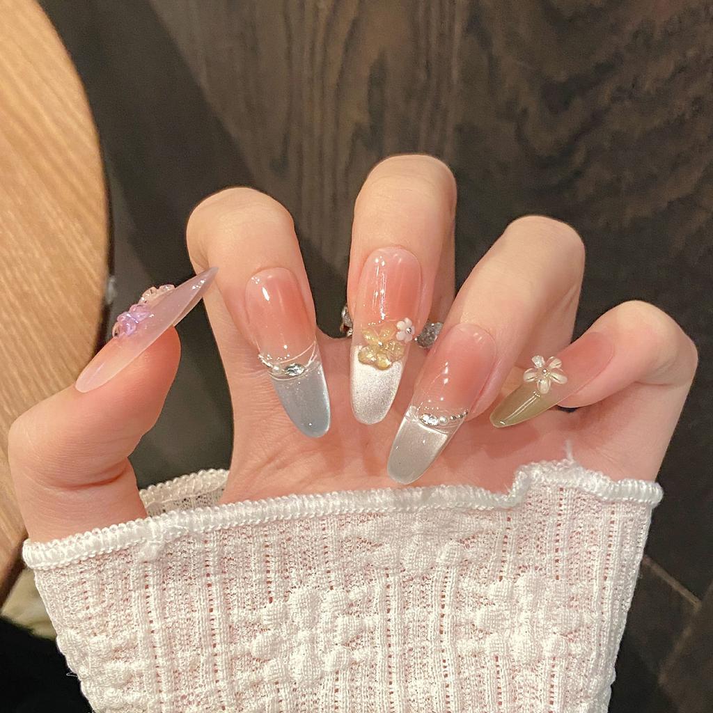 French Style Seven Color Cat Eye Crystal Flower Handmade False Nails 10PCS for Women