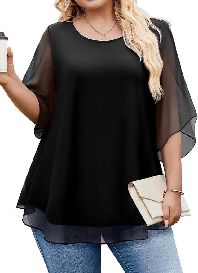 

Women s Loose Short Sleeve Top with Sheer Sleeve, Multiple Colors 1XL чёрный