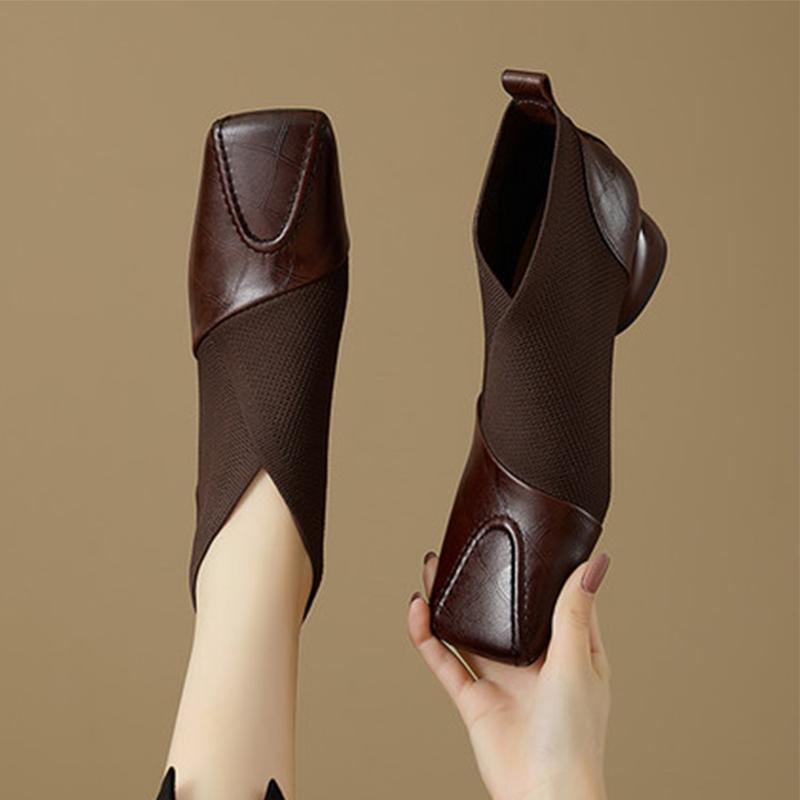 Square Toe Women's Ankle Boots Elegant Designer Mid Heels Shoes  Fashion Party Winter Boots New Walking Knitting Mujer Botas