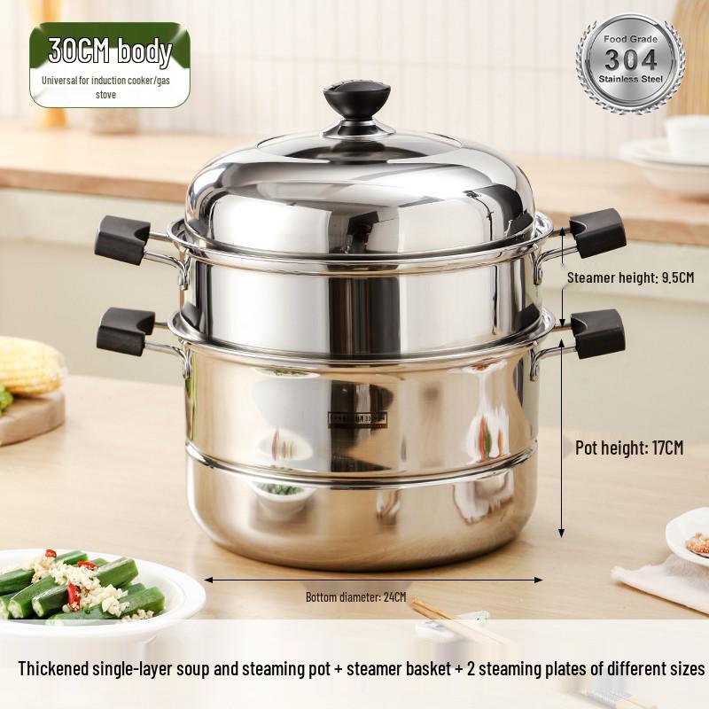 Large Capacity Stainless Steel Steamer Pot, Single & Double Layer, Multi-purpose for Induction & Gas Stoves, Ideal for Steaming Mantou.