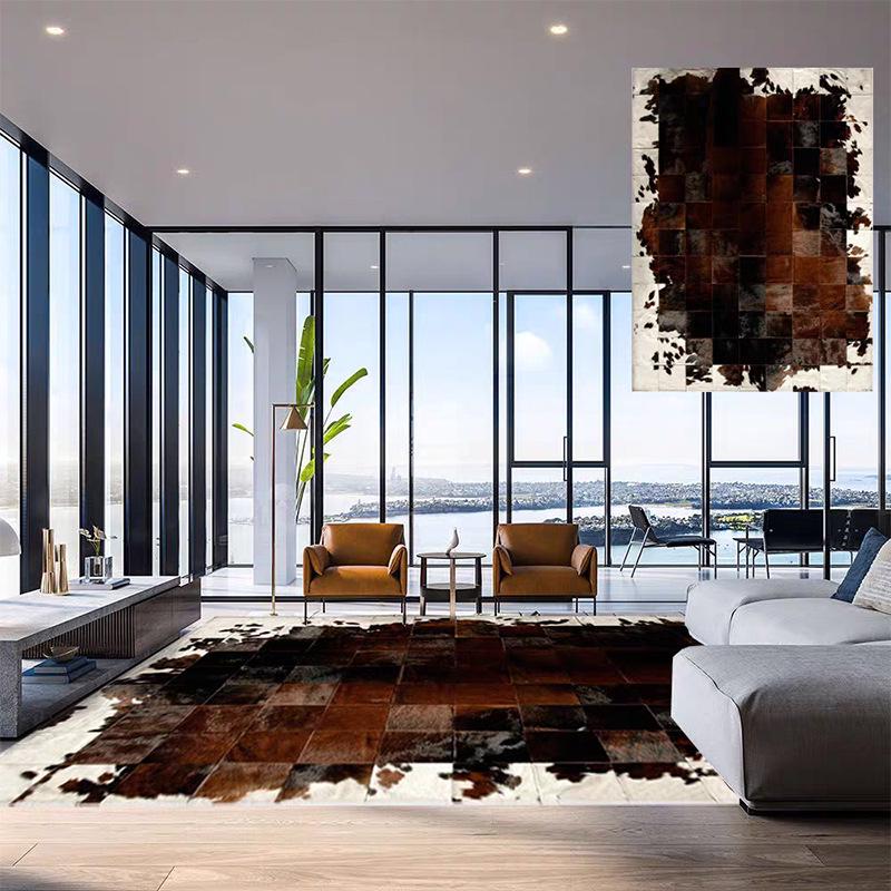Retro American-Style Cowhide Carpet: High-Grade Leather Floor Mat for Living Room and Bedroom, Light Luxury, Soft, and Trendy Design.