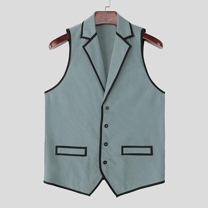 INCERUN Fashion Men Lapel Neck Sleeveless Stitching Buttons Casual Slim Thin Waistcoat Tops