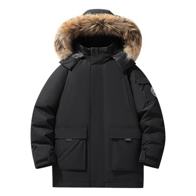 Casaco de trabalho masculino de inverno, boné removível, gola de pele grande e espessada para áreas externas, jaqueta para áreas externas