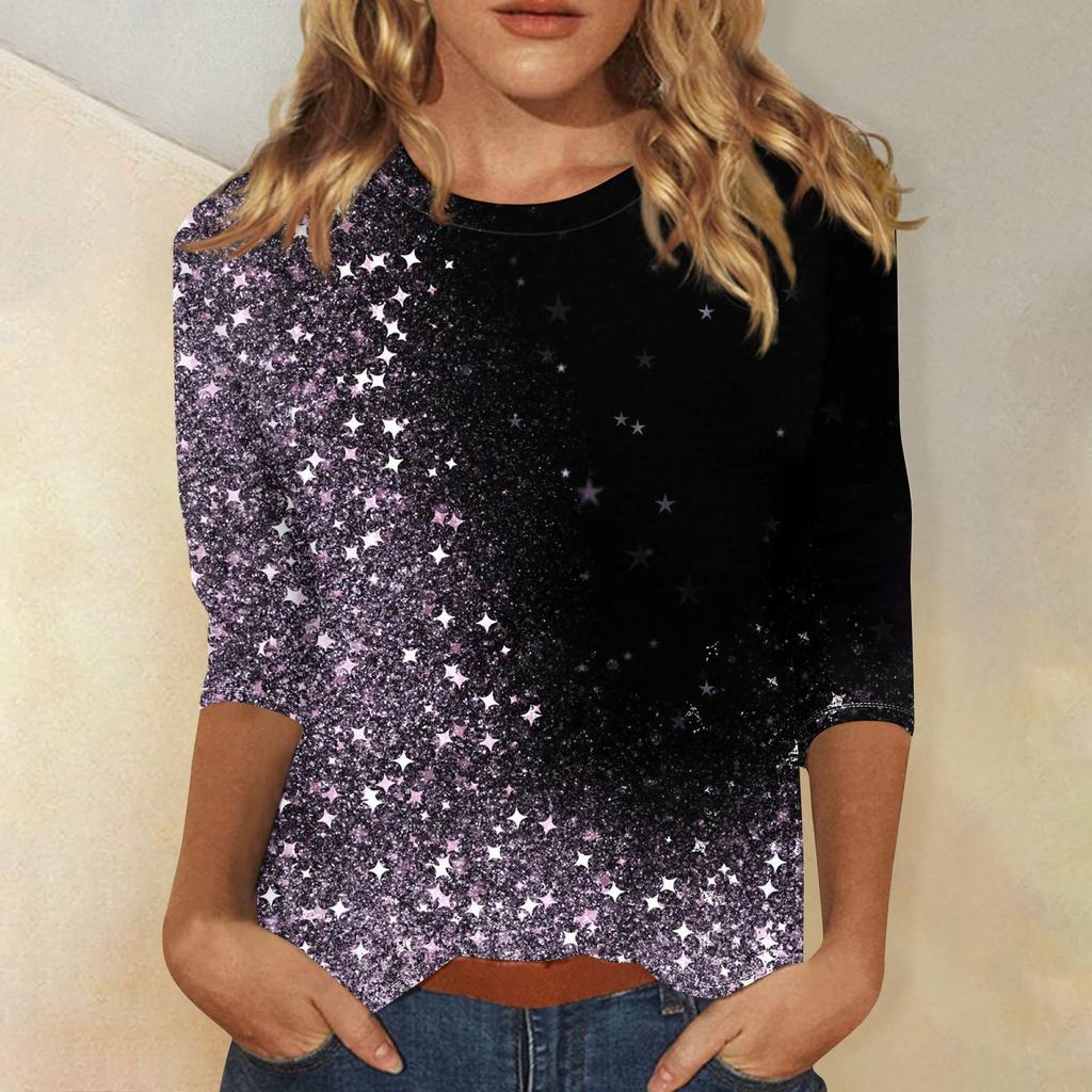 Women's Fashion Casual Three-quarter Sleeve Vintage Floral Print Round Neck Top