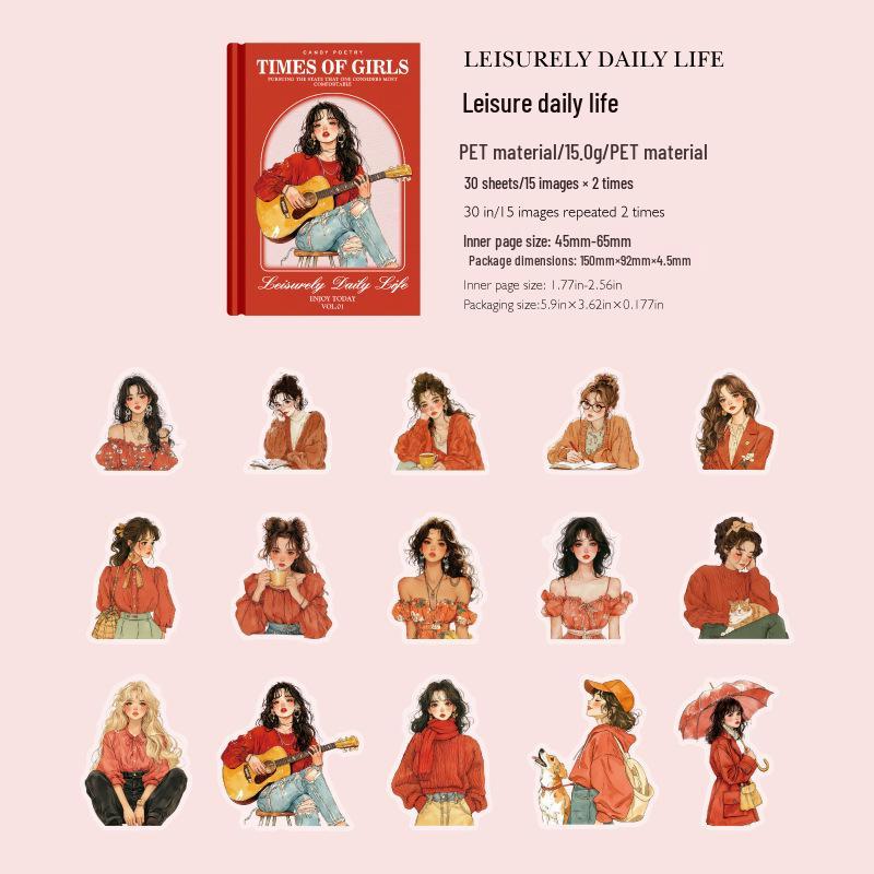 Sugar Poetry White Ink Stickers: Girl Era Series - European Retro Characters, Decorative Collage, 30 Sheets, 6 Styles