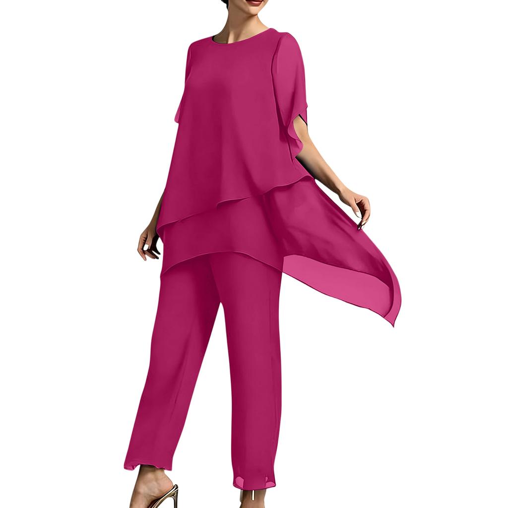 Women's Fashion Casual Solid Color Loose Fit Asymmetric Hem Two Piece Set Top and Pants Lightweight Comfortable Outfit for Daily Wear