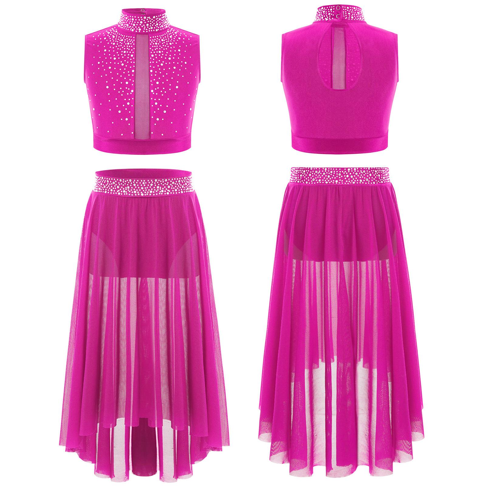 

Дівчачий ліричний сучасний танцювальний комплект стрази кроп-топ сітка шифон асиметричний леотард спідниця гімнастика фігурне катання балетний костюм 5-6 Years гарячі рожевого кольору