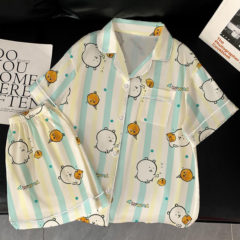 Little Fresh Self-Deprecating Bear Pajamas Women'S Summer Sweet Cartoon Striped Short-Sleeved Ice Silk Loungewear Suit