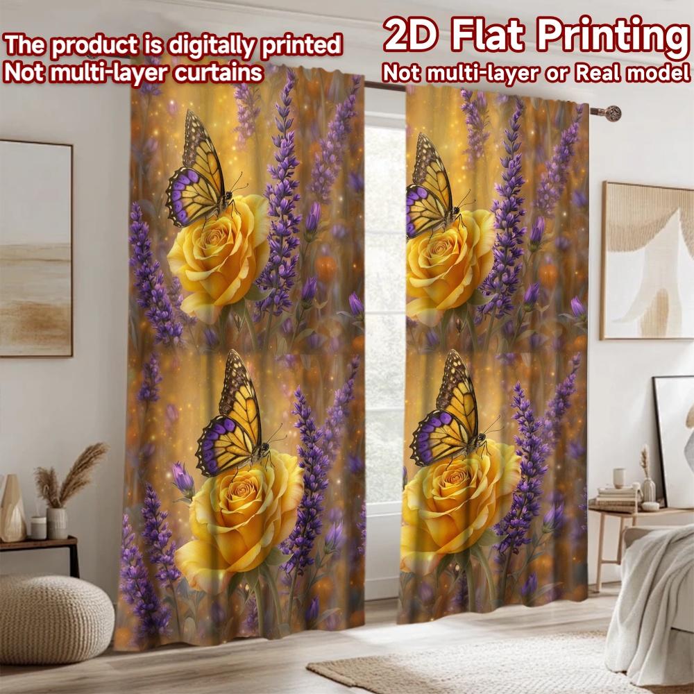 2D flat printing 2pcs Curtain Drapes Butterflies on Yellow Roses Digital Printed Polyester Drapes Festive Wall Decor Perfect for