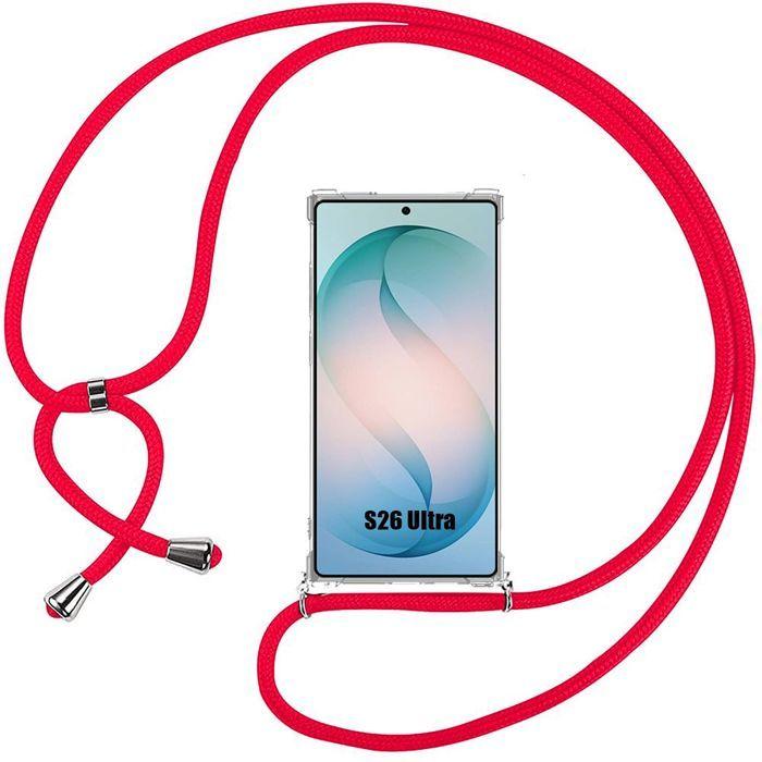 Coque pour Samsung Galaxy S26 Ultra, Protection Renforcé TPU Antichoc Transparent avec Cordon Rouge