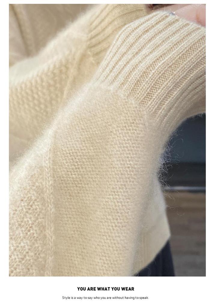 Women's Heavyweight Wool Cable Knit Sweater - Half-High Collar Loose Pullover