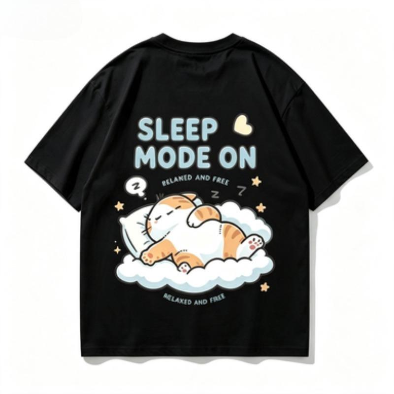 Sleep Mode On Graphic Tshirt Unisex Cute Sleeping Cat On Cloud Print Oneck Short Sleeve Loose Casual Summer Streetwear Tops