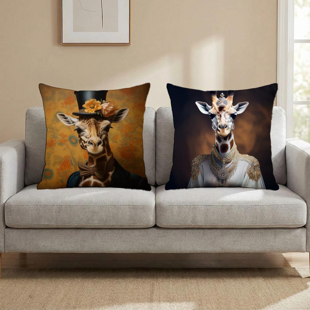 Retro Dressed Up Giraffe THEME Cushion Cover Multi-Scene Pillow Cover for Home & Car - Reversible, Soft & Durable for Daily Use