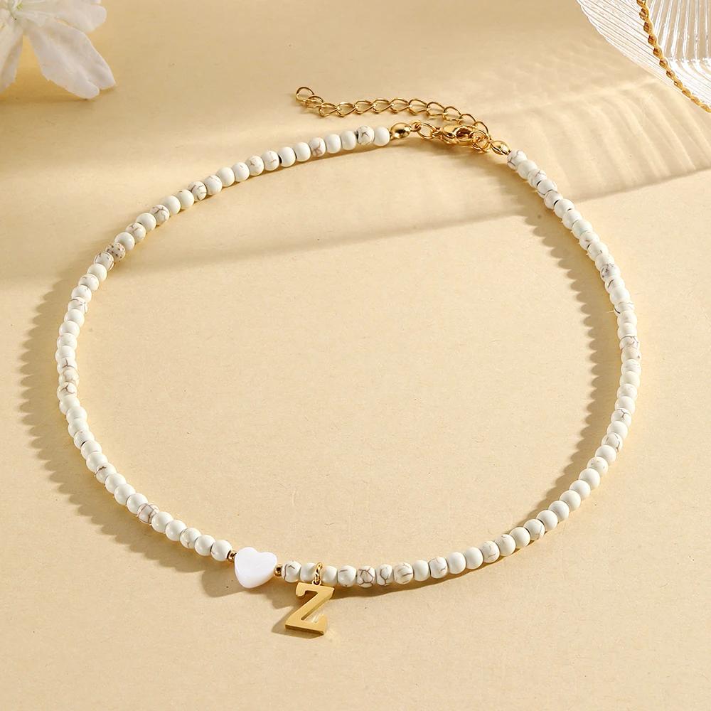 Bohemian Choker neck Initial necklaces heart-shaped shell letter pendant beads Women's stainless steel necklace woman trend2025
