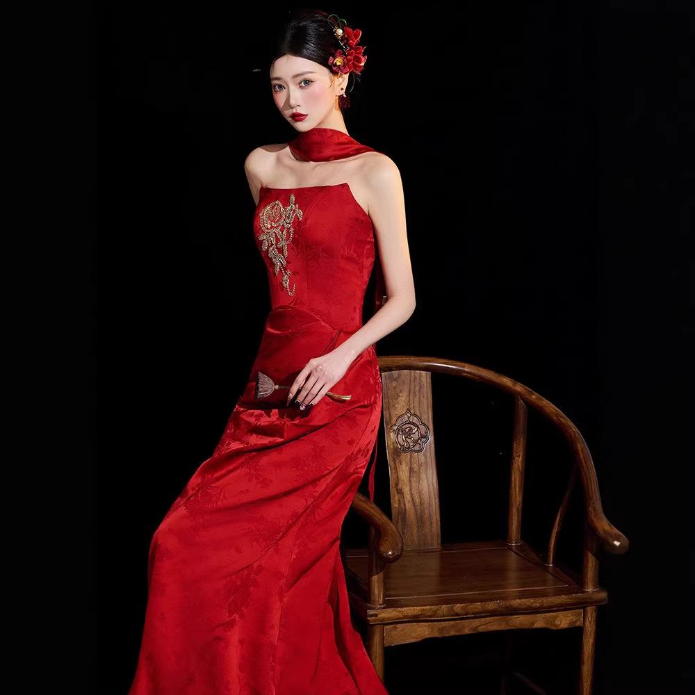 Toast Bridal Burgundy Niche Vintage New Chinese Morning Gown Dress Tube Top Engagement Back Door Fishtail Dress