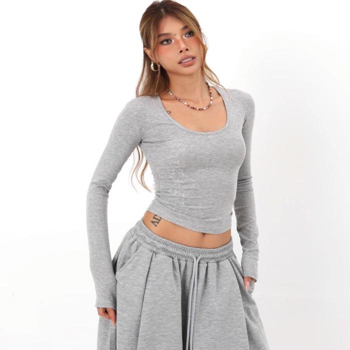 

Women s Hot Drill American Style Slim Fit Long Sleeve Letter Print Top Large сірий колір