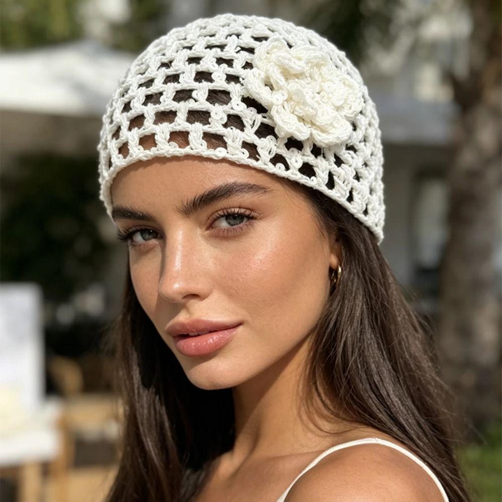 Flower Hollowed Out Knitted Hat Thin Weave Cap Retro Woven Pullover Cap Spring Summer