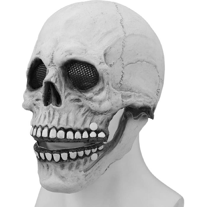 ZJchao Latex Full Head Skull Mask, Movable Jaw Talking Skeleton Mask, Professional Halloween Haunted House Cosplay Masks, Adjustable Horror Costume