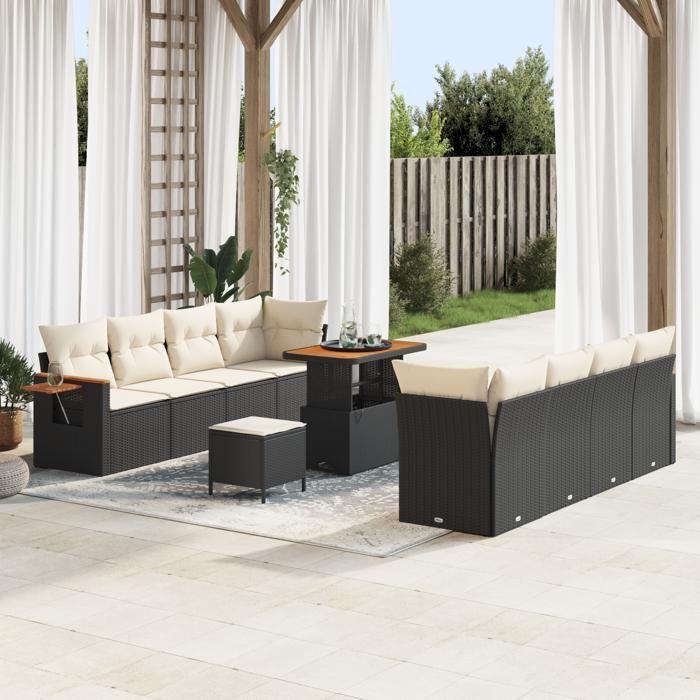 Set de Canapés de Jardin de 11 Pièces avec Coussins en Poly Rattan Noir Acacia, Set de Dîner de Jardin 3 Pièces 3363150