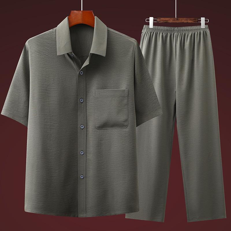 Men's Cotton Linen Short Sleeve Shirt & Suit Set - Casual Summer Wear for Middle-Aged and Elderly