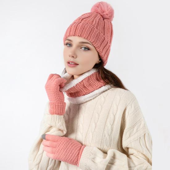 3Pcs/Set Winter Knitted Scarf Gloves Set Pom Pom Ball Fleece Lining Brimless Hat Touchscreen Gloves Neck Warmer Set