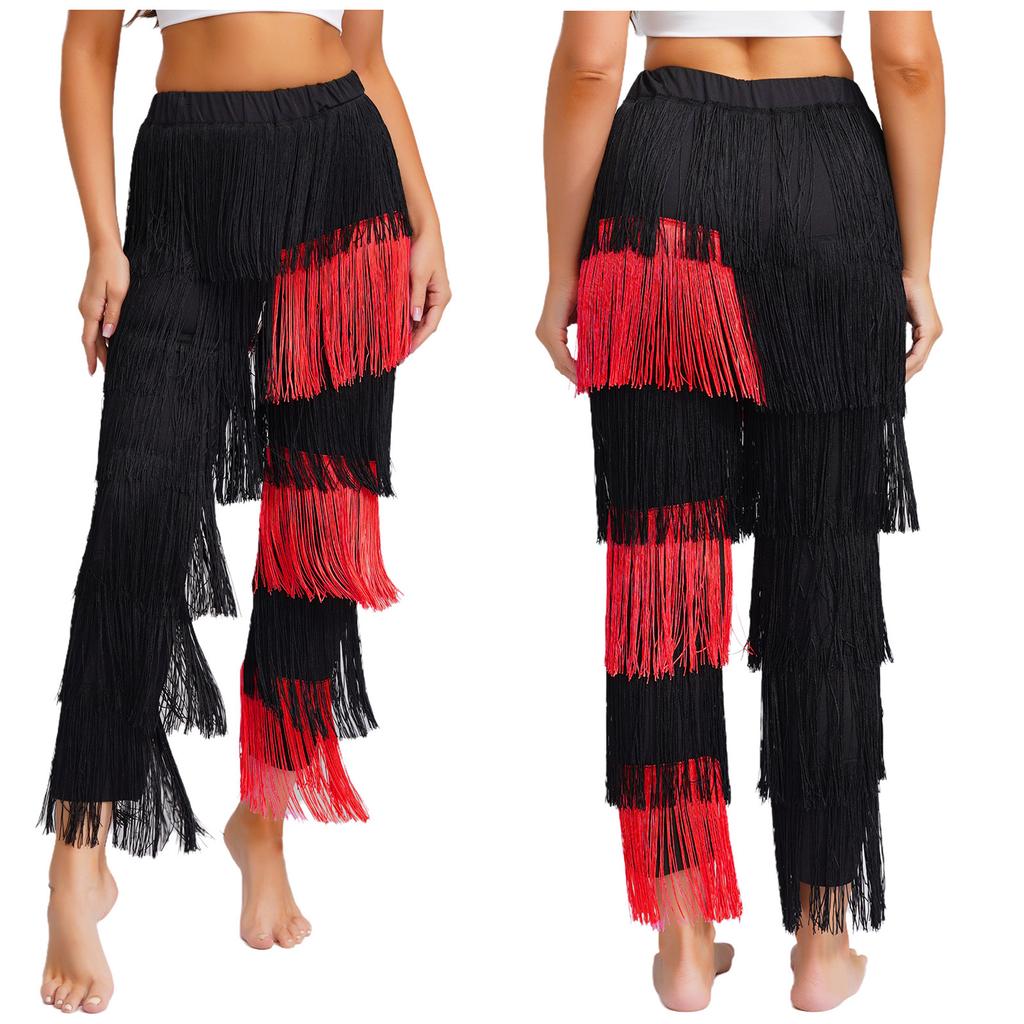 Women's Latin Dance Fringe Pants S-3XL: Elastic Waistband Contrast Color Tassel Trousers for Chacha Tango Rumba Dance Costume