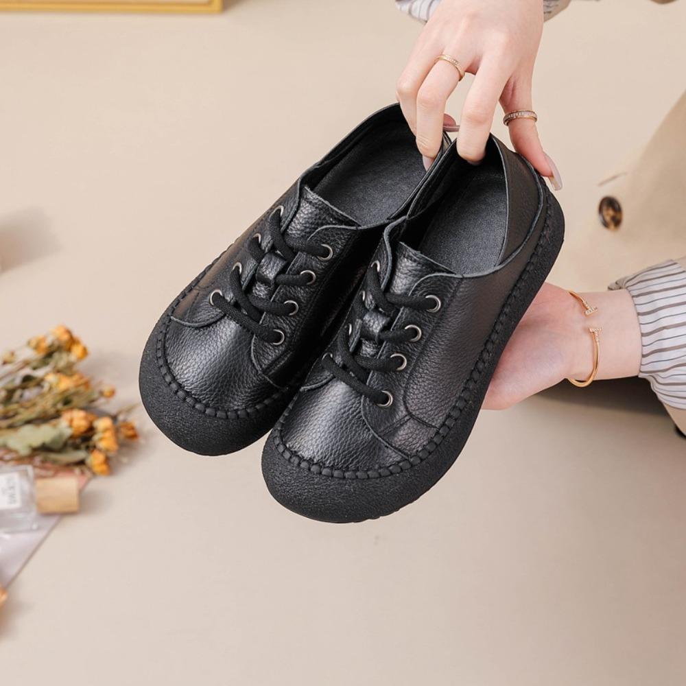 Genuine Cowhide Mom Shoes, Round Toe Versatile Casual Leather Shoes, Spring Summer Soft‑Sole Wear‑Resistant Flat Loafers for Women SA‑1011