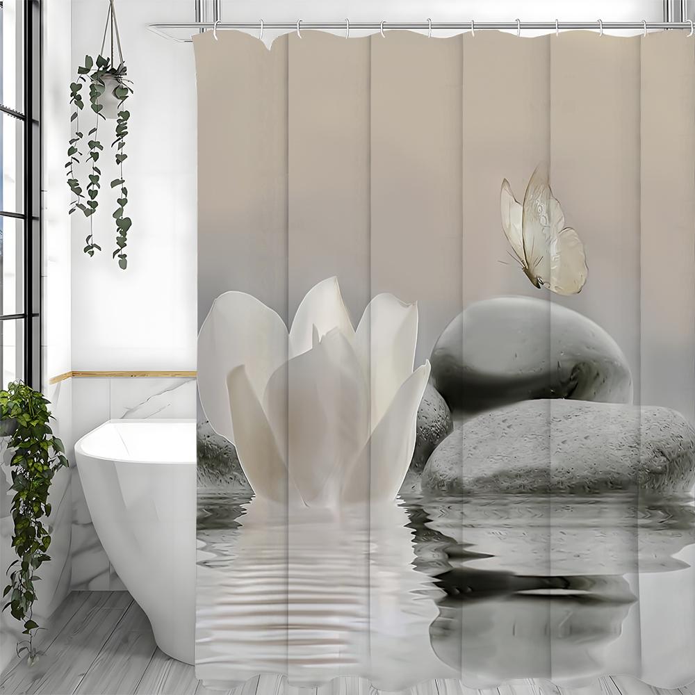 Zen Stone Butterfly White Flower Shower Curtain, Bathroom Decorative Shower Curtain, Waterproof Shower Curtain with Hooks
