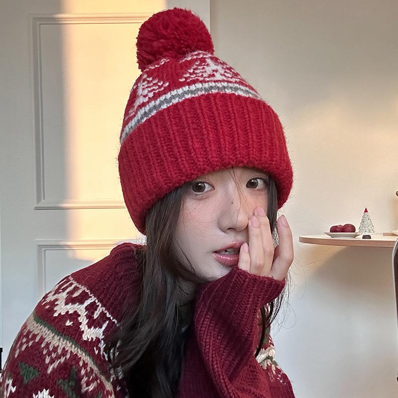 Retro Fair Isle Style Woolen Hat for Women Winter Thickened Warm Knitted Hat Japanese Style Christmas Ear Protection Pullover Cold Hat