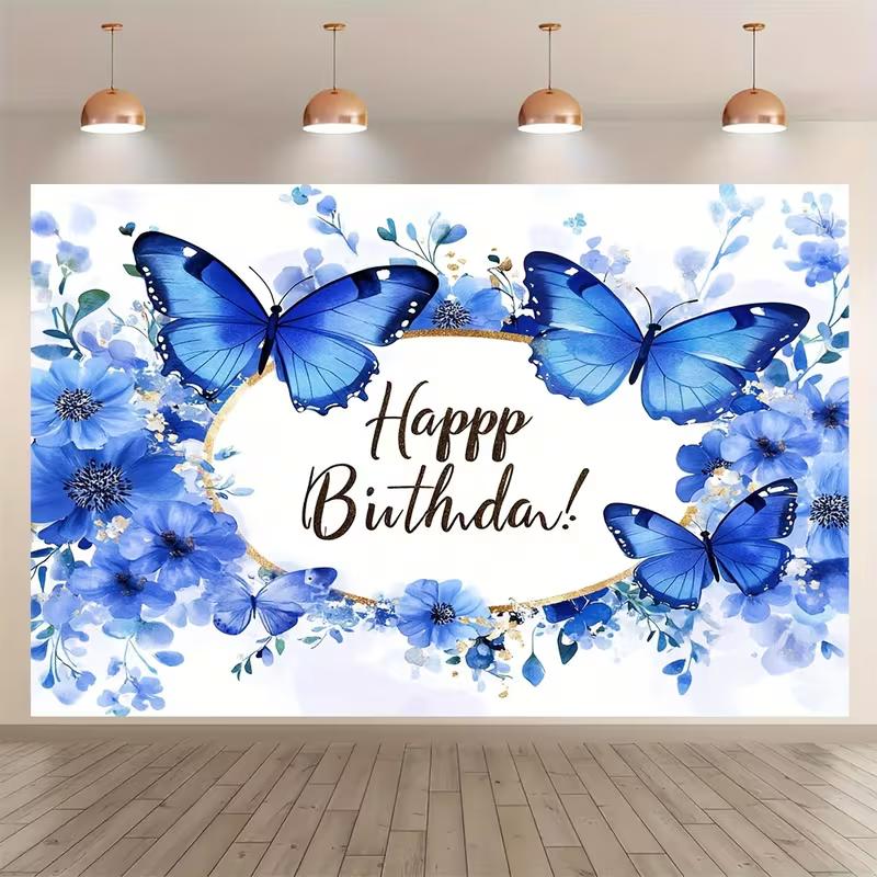2D Blue Butterfly Happy Birthday Backdrop Photography Background 47.2x31.5inch/120*80cm