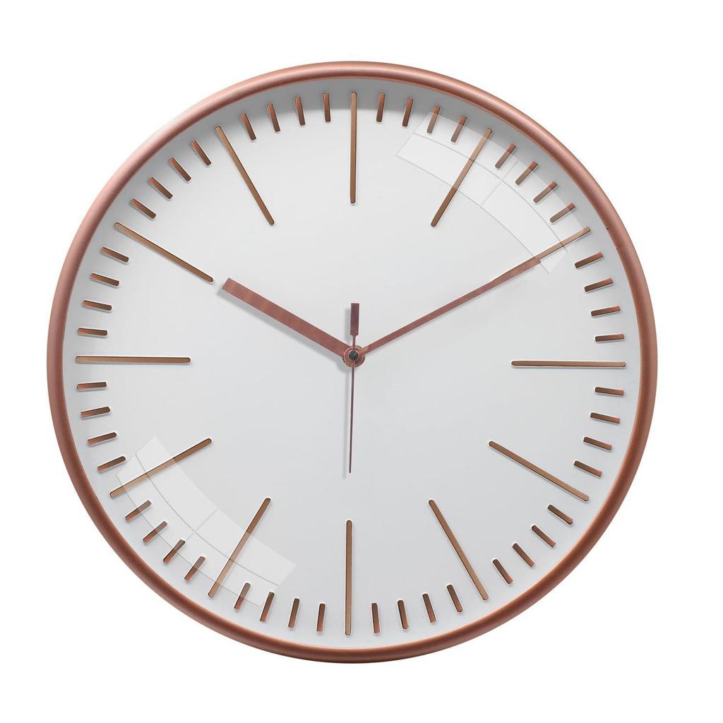 Embossed Metallic Analog Wall Clock, Silent Sweep, Line Time Indicator (12 Inches, Copper and White)