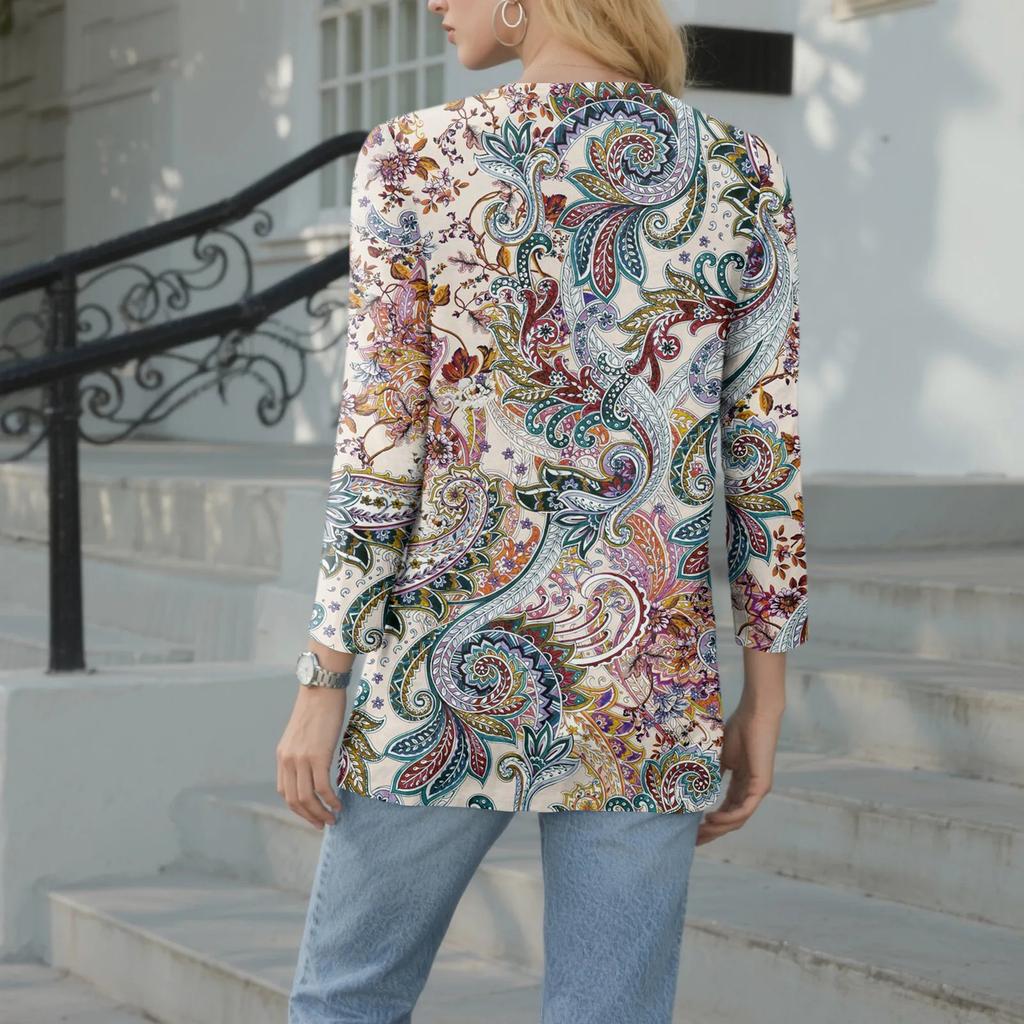 Damen Lässig Mode Sexy Bequem V-Ausschnitt Knopf Floral Dreiviertelarm Oberteil