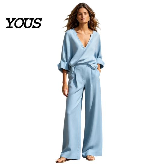 Lockere Passform Damenbekleidung Damen 2-teiliges Baumwoll-Leinen-Set, Langarm V-Ausschnitt Bluse Bequemes Outfit Und Weite Hosen Passend für Sommerurlaub