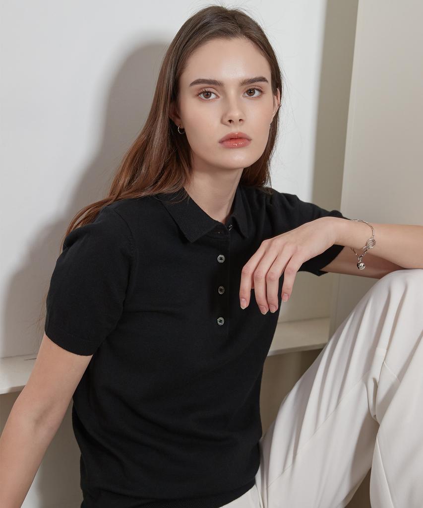 MARTYNBAL Linen Blended Short Sleeve Collared Knit_Black