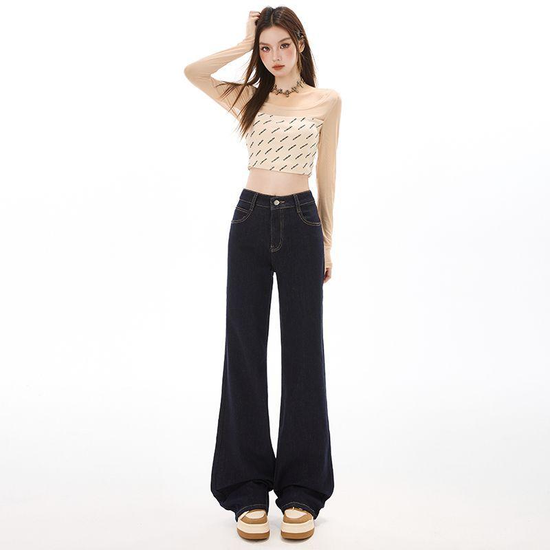 Spring Summer Denim Blue Back Pocket Embroidery Elastic Micro Flare Slim Fashion Denim Pants For Female Casual Pants Oversize Denim Trousers