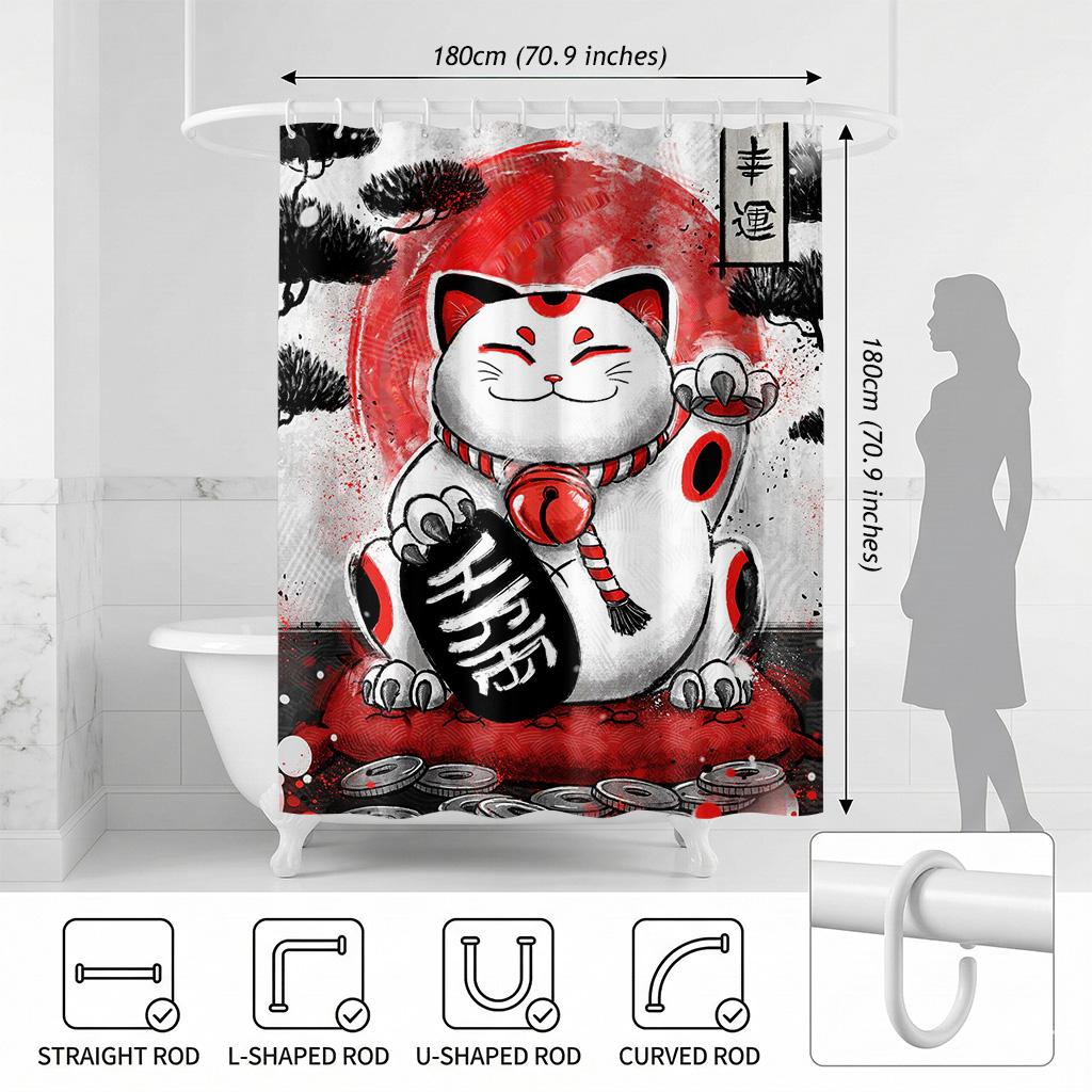 Lucky Beckoning Cat Shower Curtain - Creative Japanese Maneki Neko Art - Indoor Home Bathroom Decor Artistic Bath Curtain
