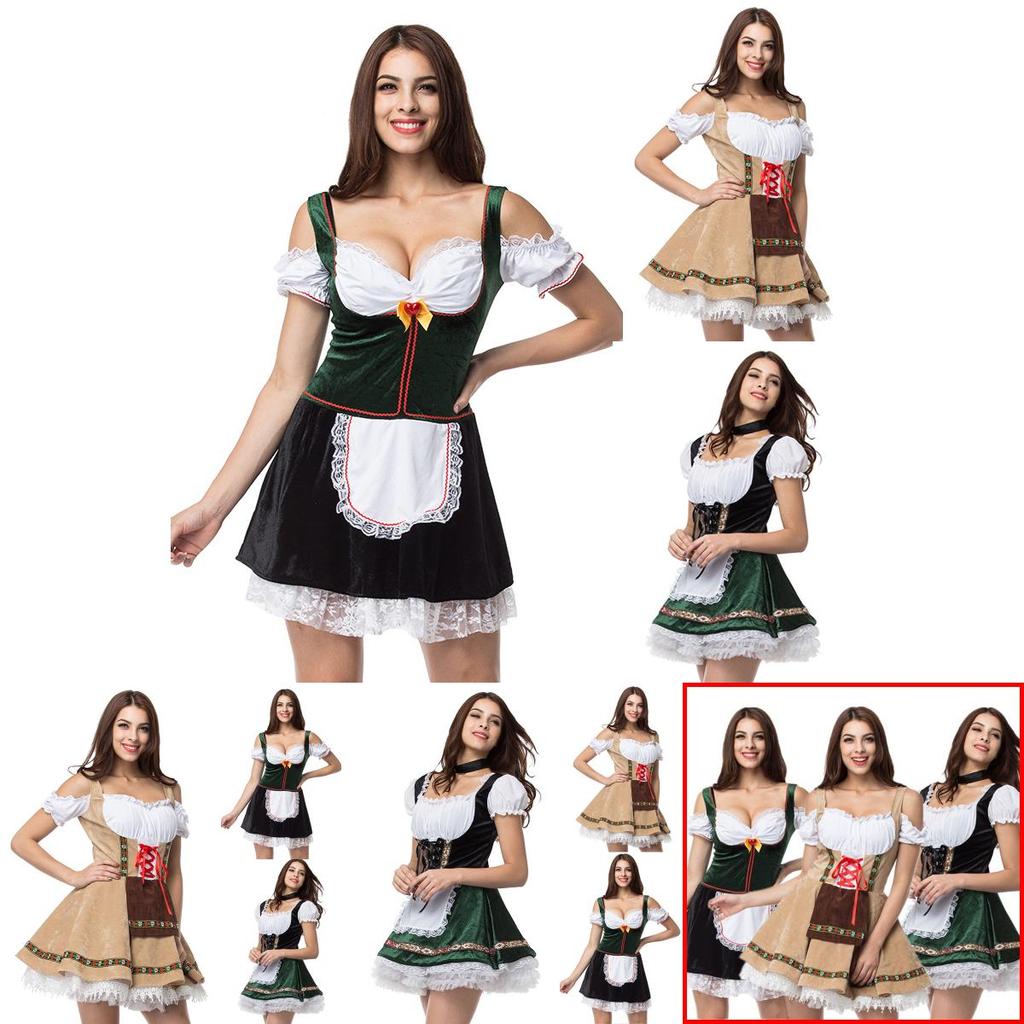 Charming Green V Neck Dirndl Costume Featuring Lace Design Ideal For Oktoberfest Events