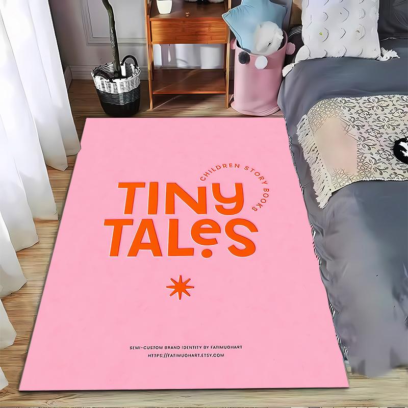 Tiny Tales Children Story Books Logo Poster Pink Orange Typography Brand Art detailed floor mat rug for kids room nursery office decor