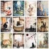 Japanese Black Cat Bathing Moon Lucky Cat Cartoon Illustration Retro Diamond Paintings Wall Art Pictures Home Decor Gift