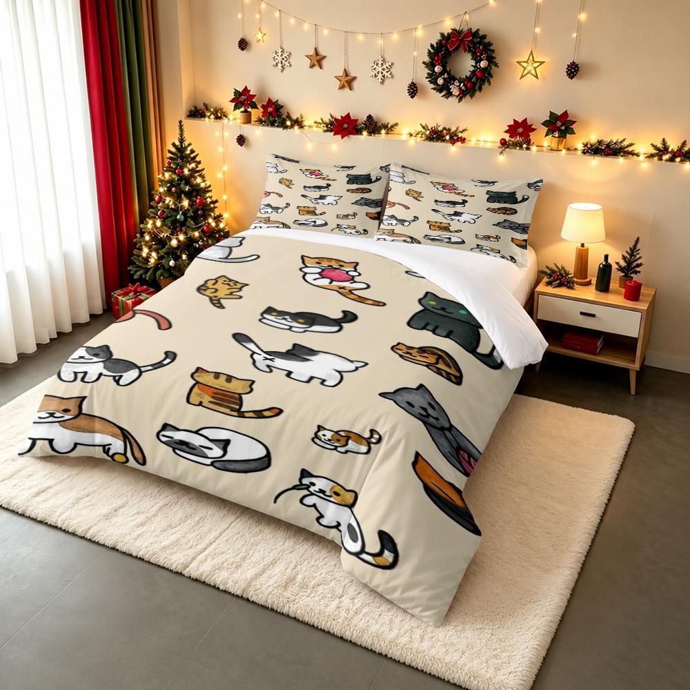 Watercolor Doodle Cats Bedding set (1 duvet cover, 2 pillowcases, duvet not included), Beige Cute Playful Kittens Pattern Art Print