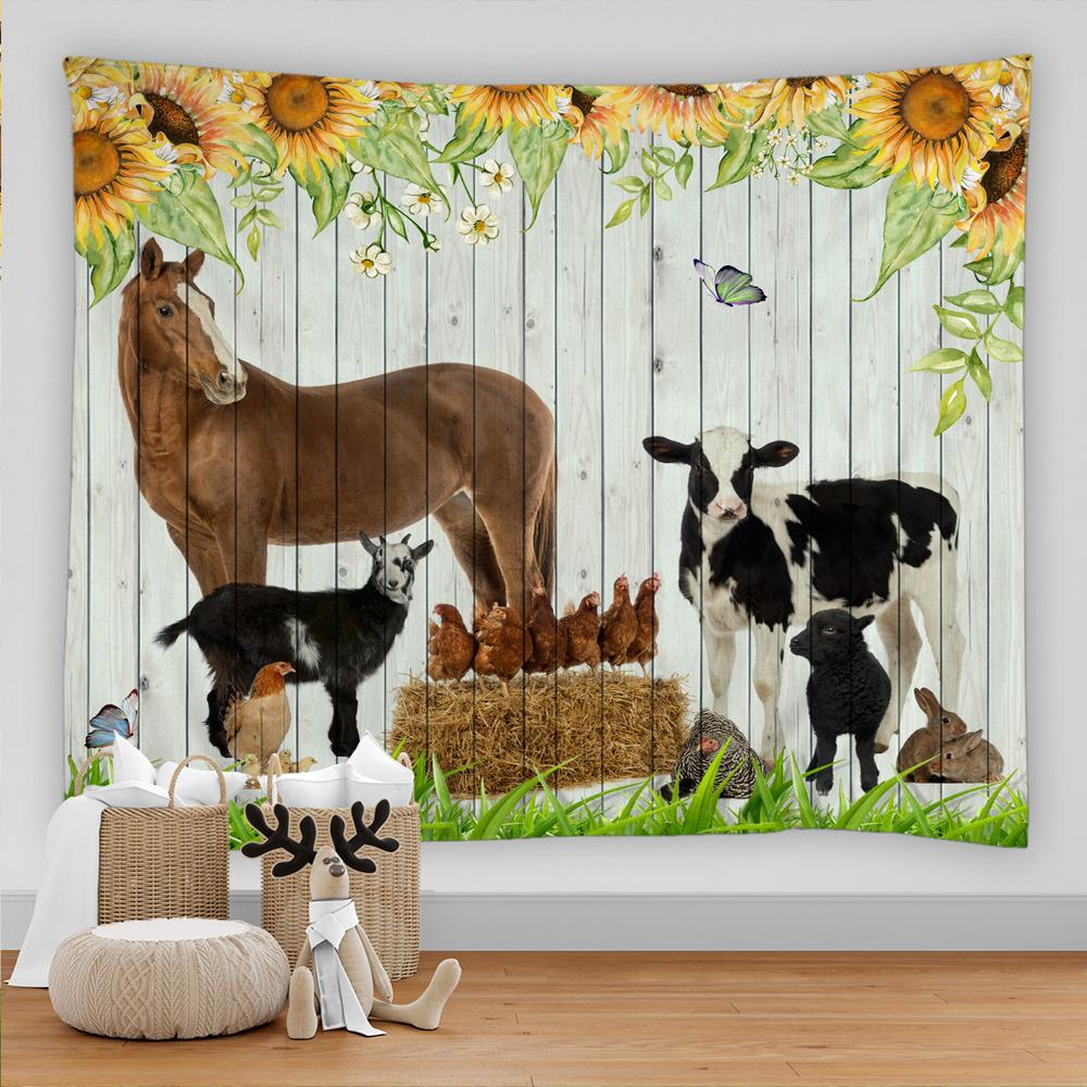 Vintage Retro Wood Grain Farm Animal Tapestry Wall Hanging Flowers and Plants Horse Cow Chicken Tapestry Home Decor