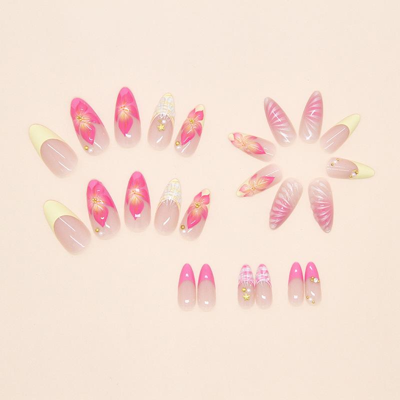 French Style Pink Flower Art Nail Patch Long Almond Fake Nails With Pearl Flower For Women Diy Manicure Accessories