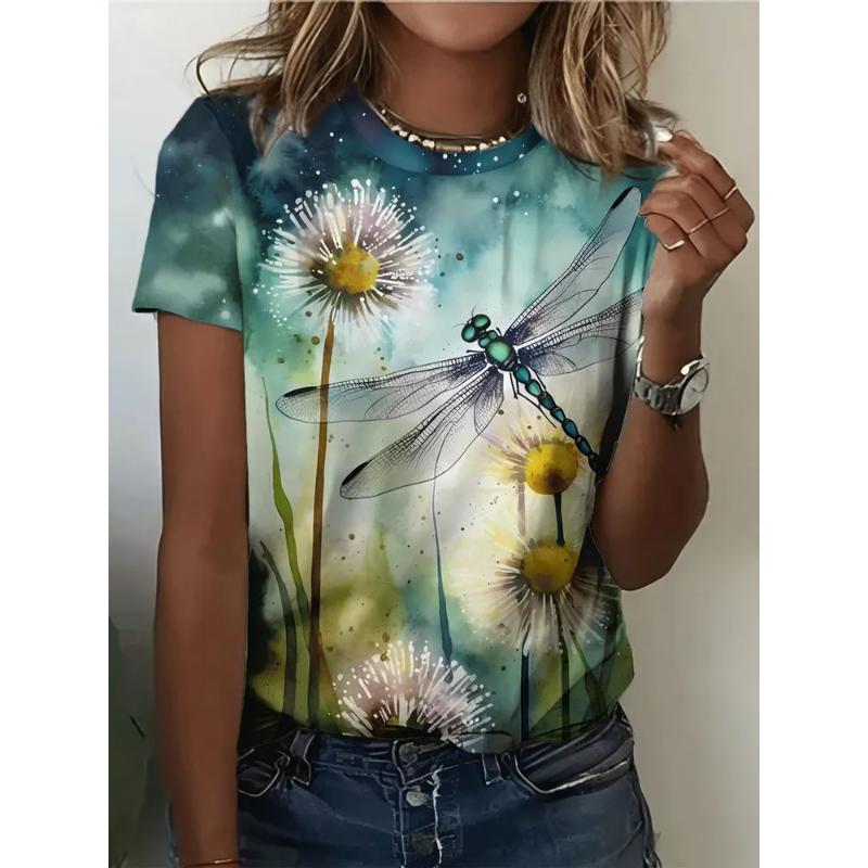 Fashion Women's Crew Neck T-Shirt 3D Color Printing Crew Neck Short Sleeve