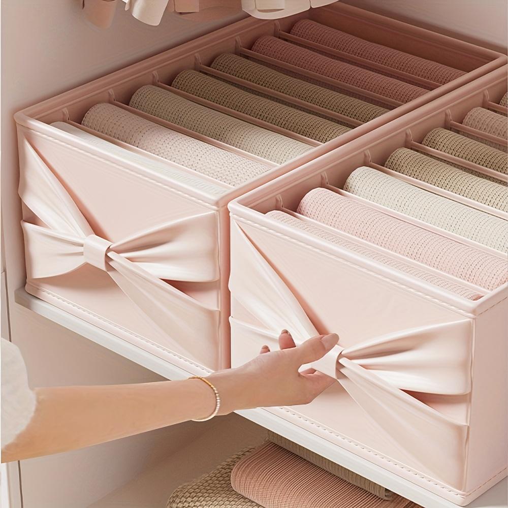 High qualityMinimalist Light Pink or Blue Storage Organizer Box with Elegant Bow - Multi-Grid Closet, Dresser, Dorm Organizer - Open Compartments for