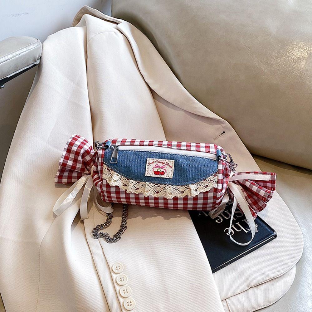 Cherry Red Plaid Crossbody Bag Canvas Denim Lace Shoulder Bag Literary Candy Shape Bag  Summer