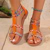 Women's Bohemian Color-Block Gladiator Sandals - Flat Summer Beach Roman Shoes with Wide Width, Ethnic Strappy Outdoor Casual Sandals