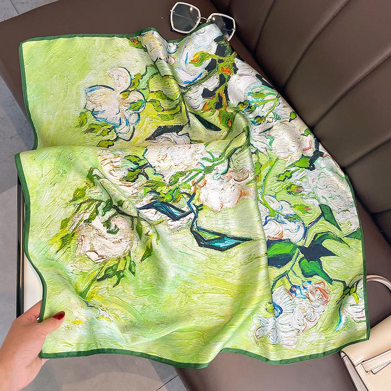 

Универсальный свежий шелковый квадратный шарф с масляной живописью Мори для женщин - Тутовый шелк, Защита шеи, Весна/Осень 70x70 cm