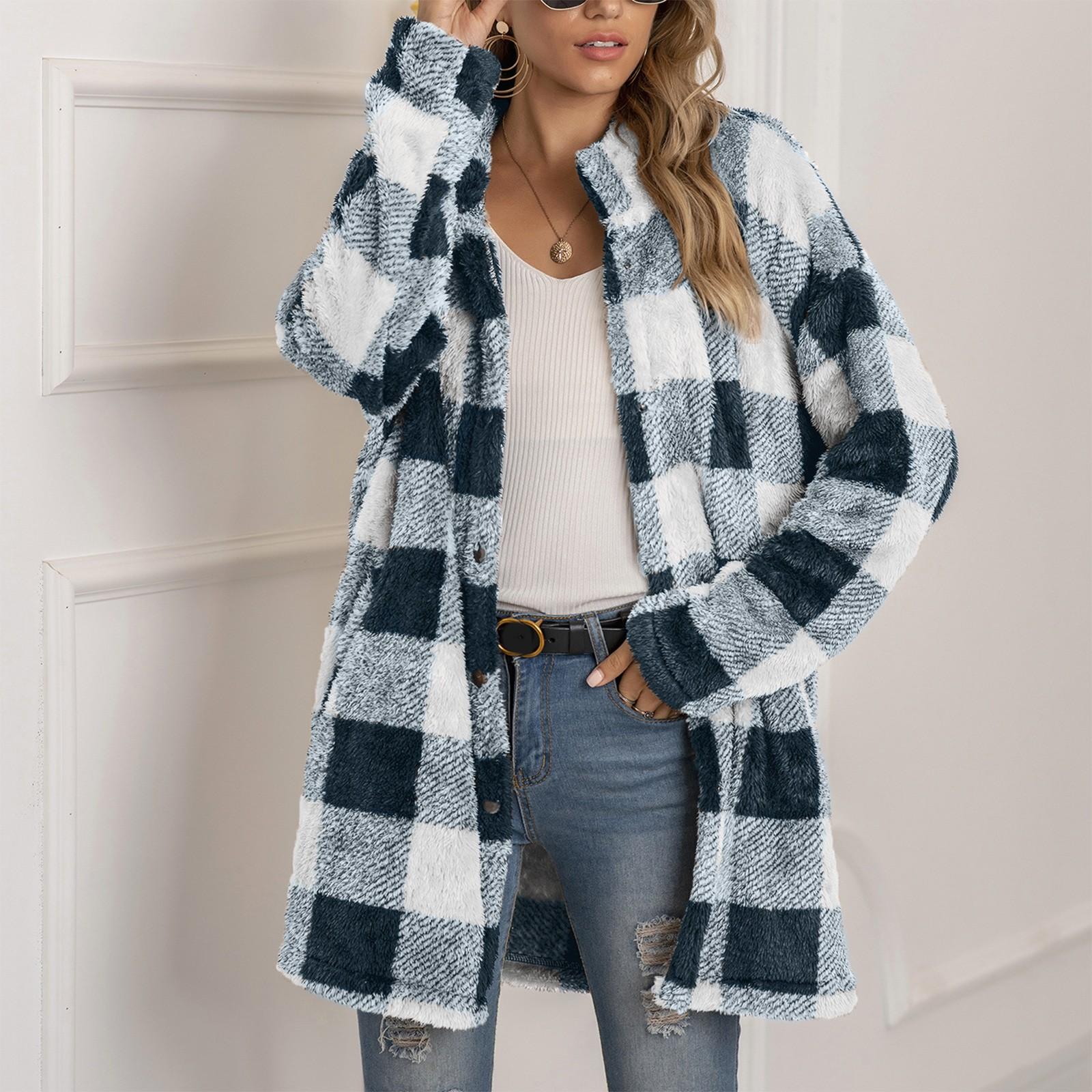 

Женская мода осенне-зимняя толстая плюшевая клетчатая куртка с длинными рукавами S чёрный