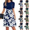 Women's Fashionable Casual Belt Short Sleeved Round Neck Printed Patchwork Dress