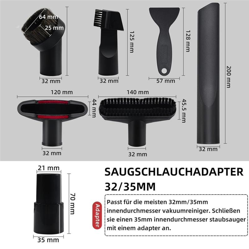 A78E-Vacuum Cleaner Accessory Set, Universal Nozzles 32-35 Mm, Including Crevice Nozzle, Car Nozzle And Upholstery Brush